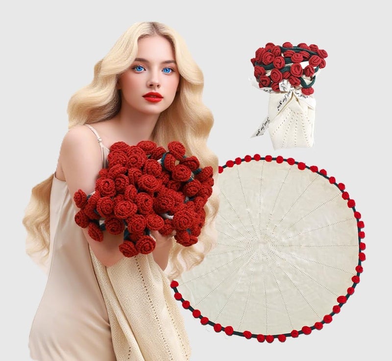 kerscton Crochet Flowers Red Rose Blanket Bouquet Knitted Throw Blanket for Couch Soft Blanket Gifts for Valentine's Day Teacher Mom Graduation Birthday Women Home Decor 43 Inches - Image 1
